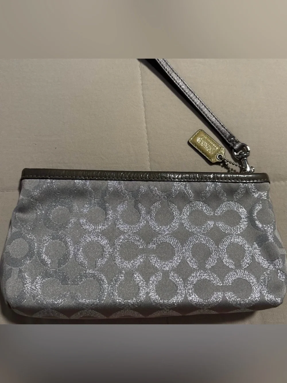 Coach Metallic Pewter Signature Wristlet with Dark Trim